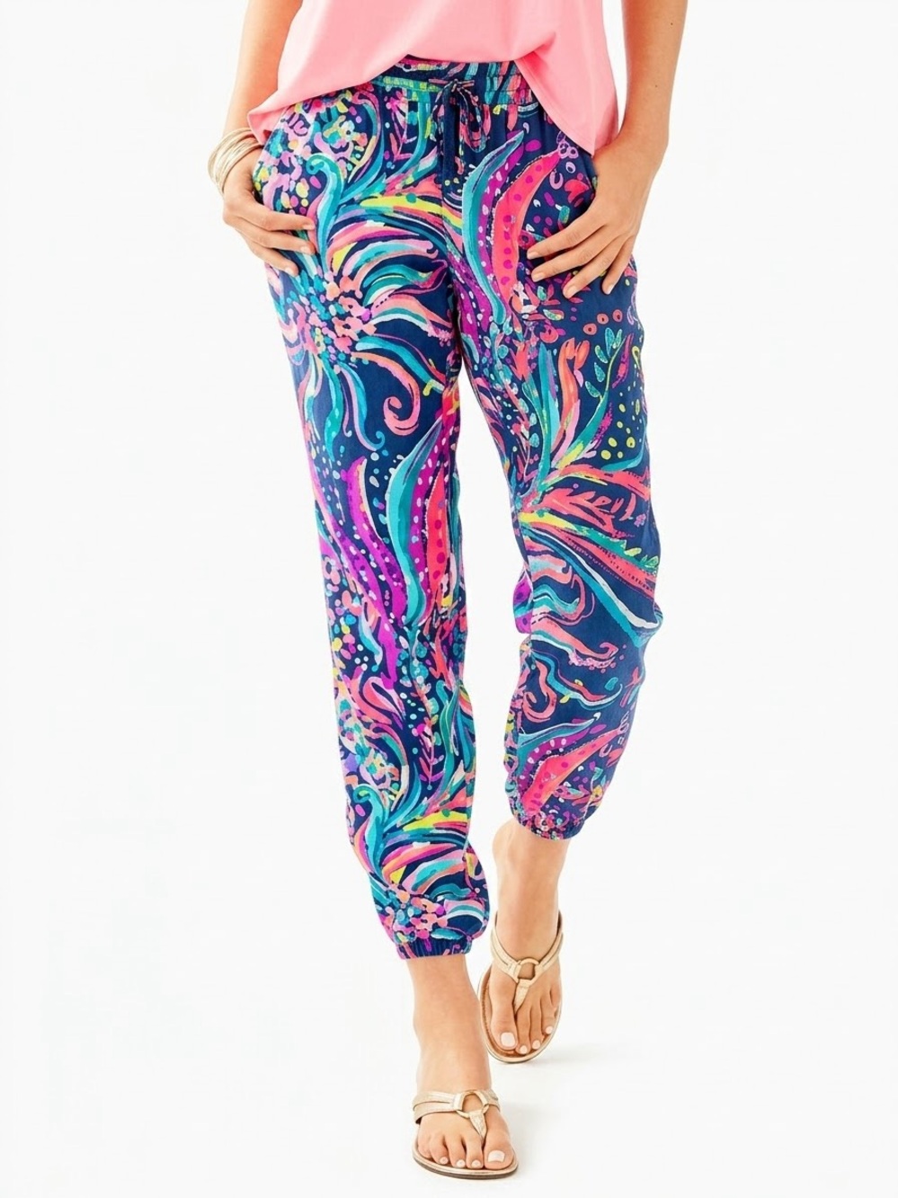 Lilly Pulitzer Piper Pull On Jogger Pants Pink Blue XL